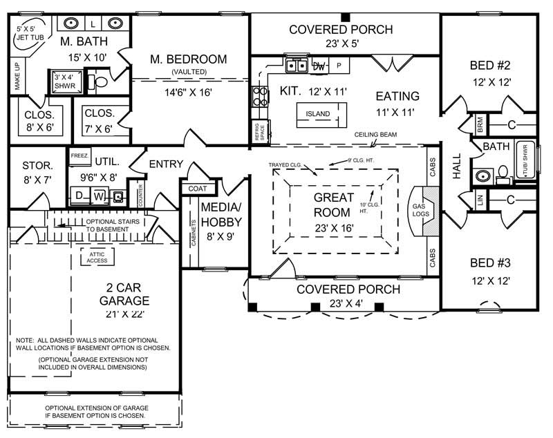 Floor Plan First Story of Ranch Plan #141-1166