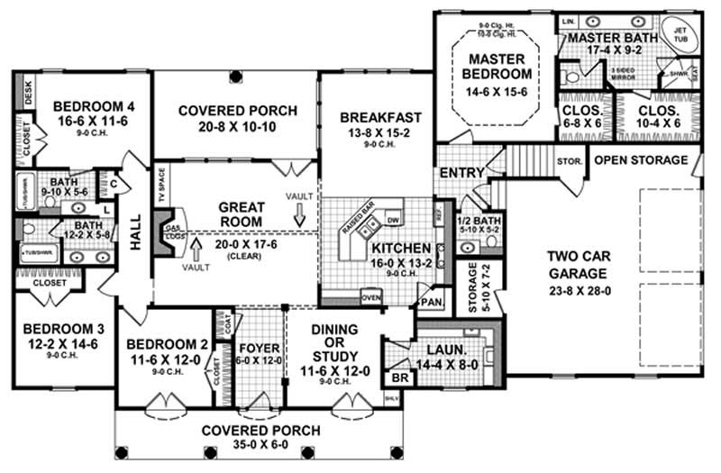 Floor Plan First Story of Acadian Plan #141-1204