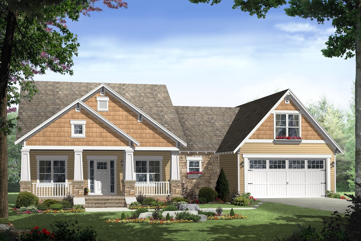 Color rendering of Ranch home plan (ThePlanCollection: House Plan #141-1239)
