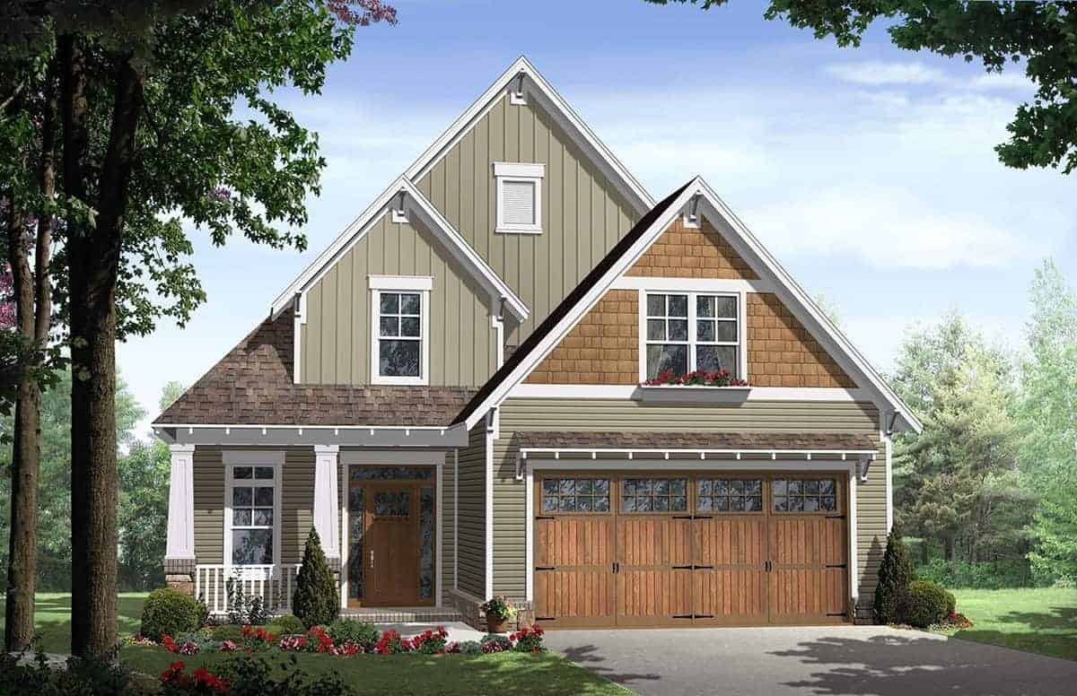 Front elevation of Craftsman home (ThePlanCollection: House Plan #141-1262)