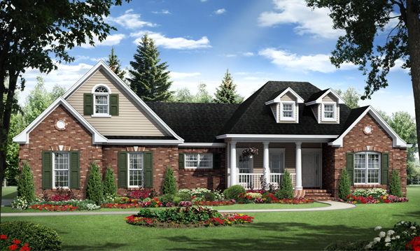Front elevation of this country style home (ThePlanCollection: House Plan #141-1264)