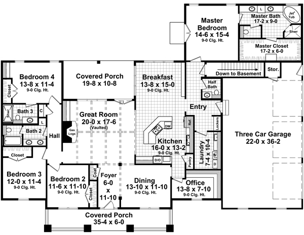 Floor Plan First Story of Craftsman Plan #141-1290