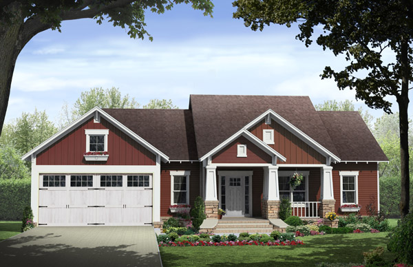 Front elevation of Craftsman home (ThePlanCollection: House Plan #141-1292)