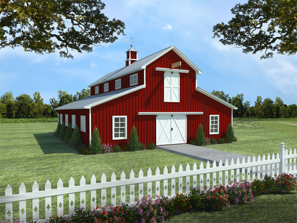 Front elevation of Barndominium home (ThePlanCollection: House Plan #141-1300)