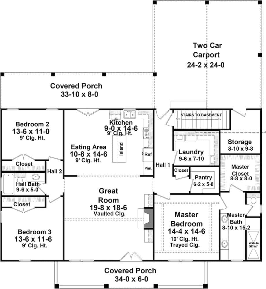 Floor Plan Main Level of Ranch Plan #141-1319