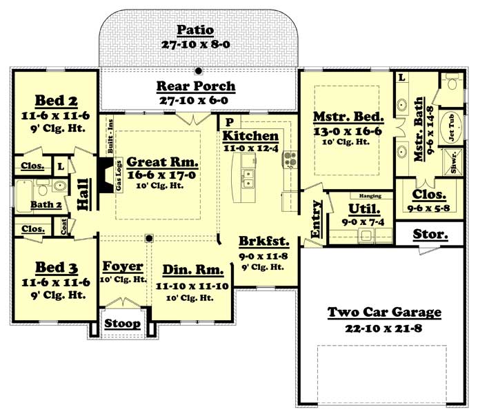 Floor Plan First Story of Acadian Plan #142-1002