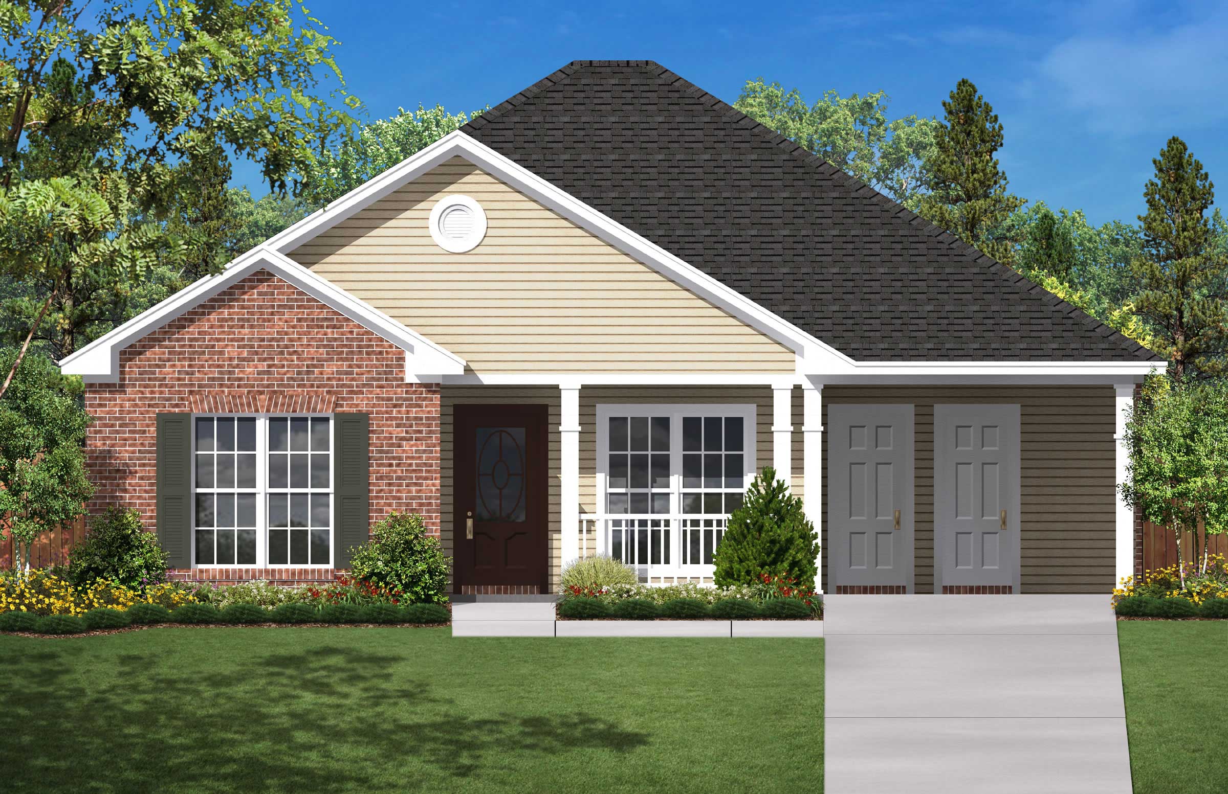 Ranch House Plans BB-1350 color rendering.