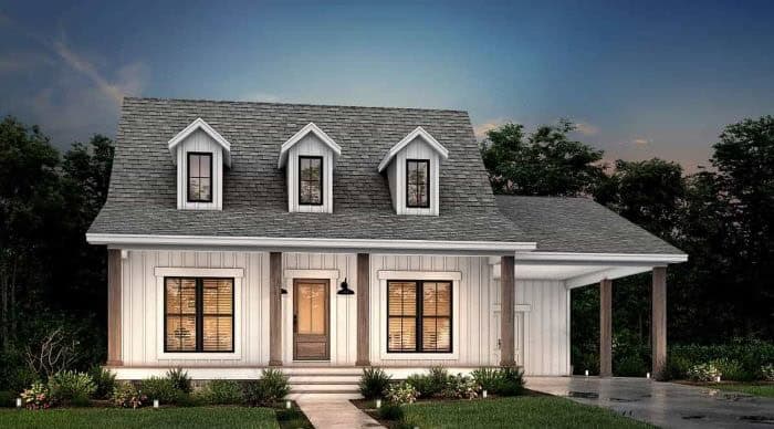 Front elevation of tiny Cape Cod home (ThePlanCollection: House Plan #142-1036)