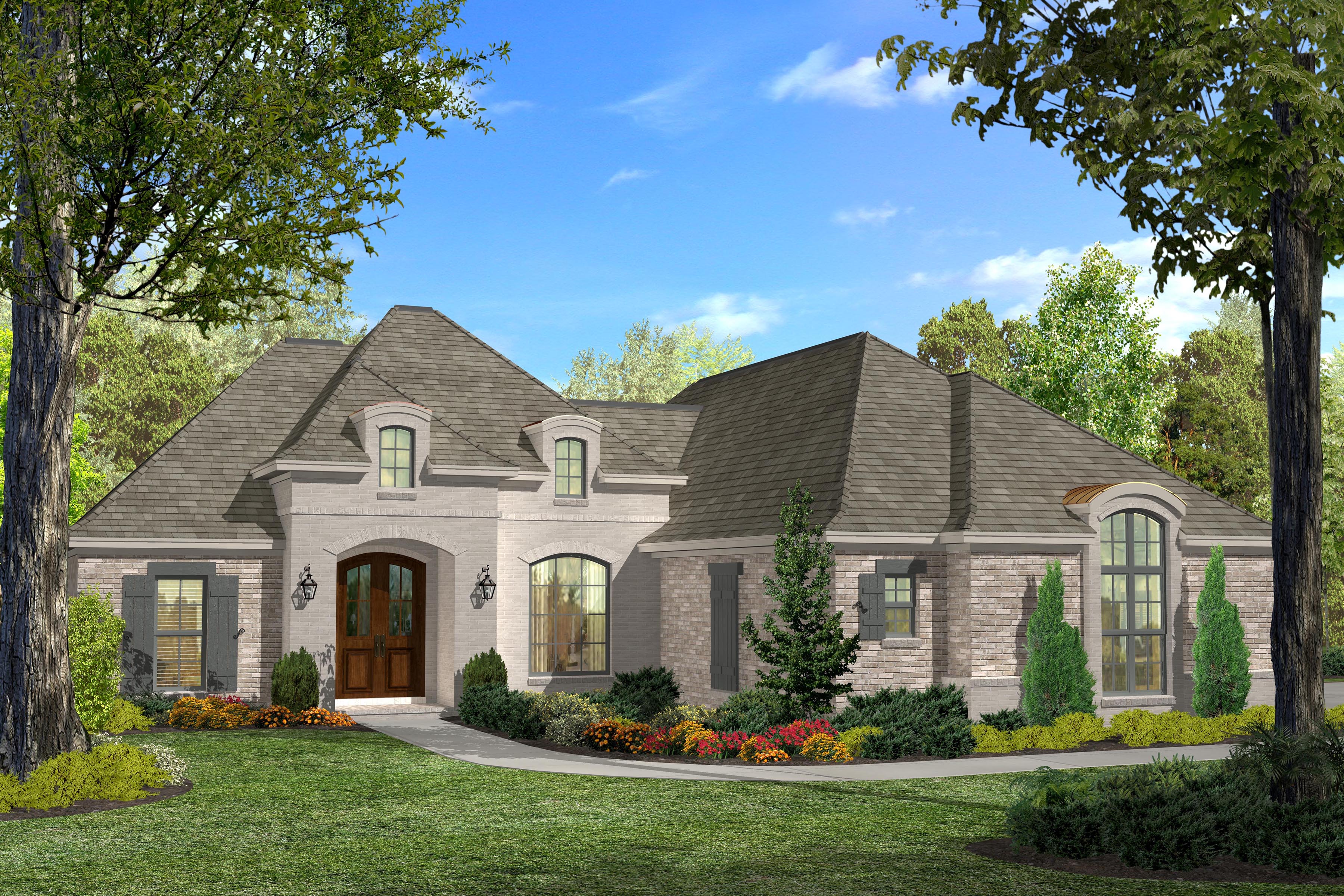 Front elevation of Acadian home (ThePlanCollection: House Plan #142-1124)