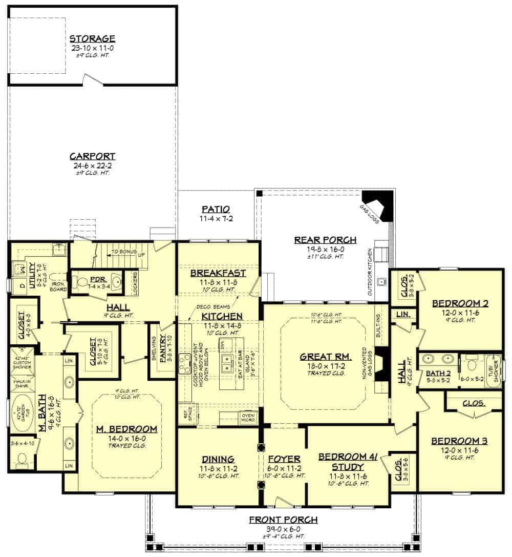 Floor Plan Main Level of Country Plan #142-1131