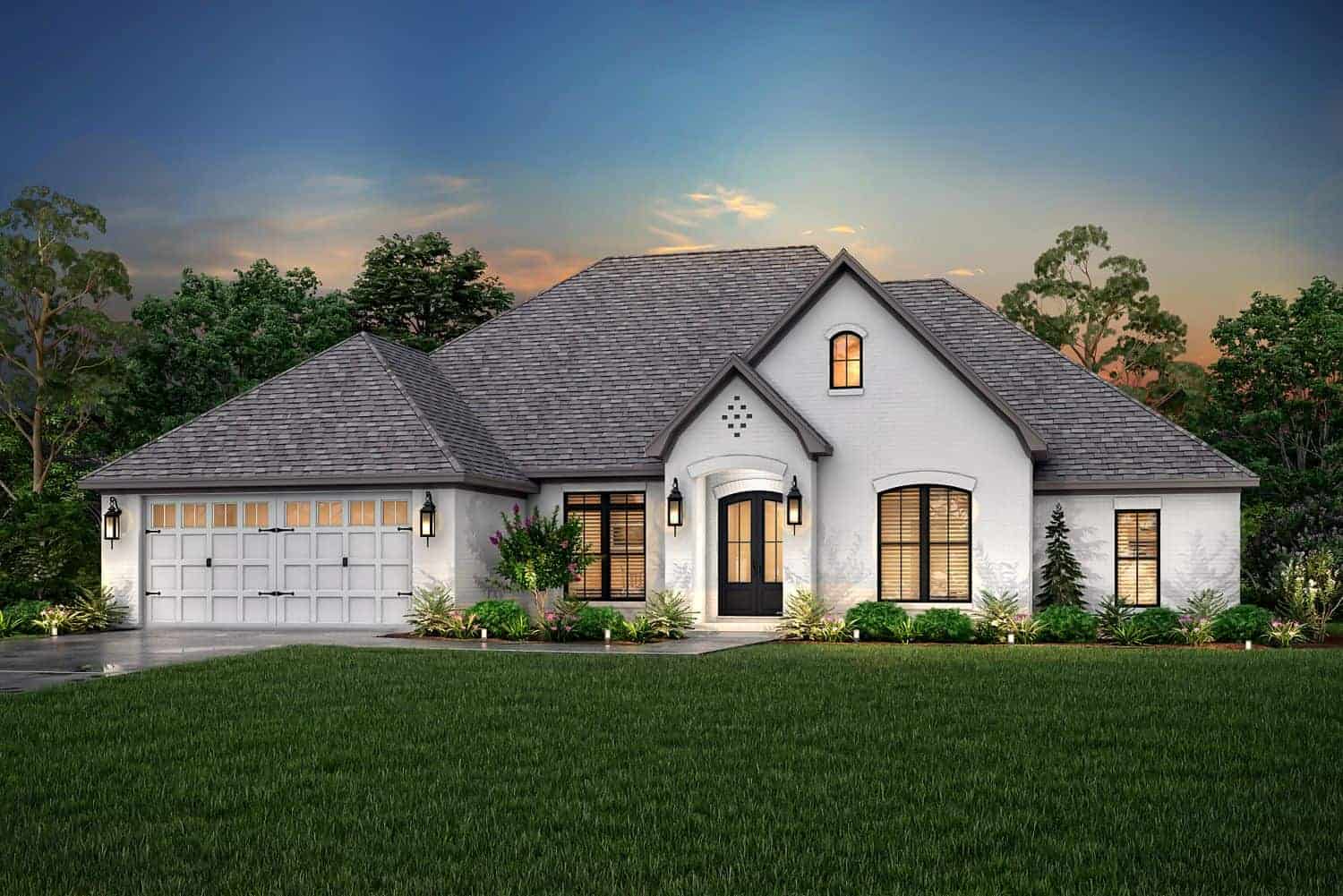 Front elevation of French home (ThePlanCollection: House Plan #142-1142)