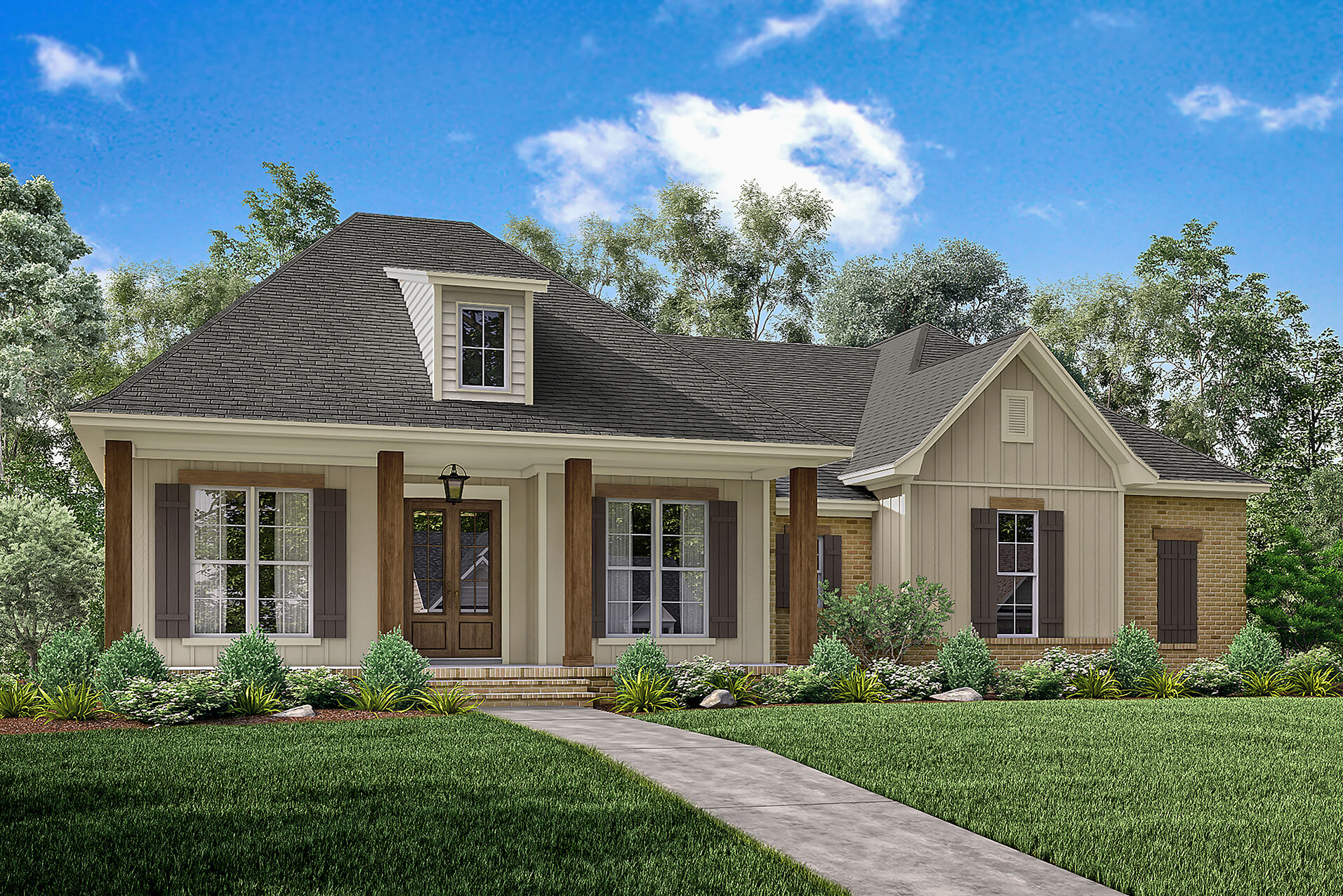 Front elevation of Acadian home plan (ThePlanCollection: House Plan #142-1163)