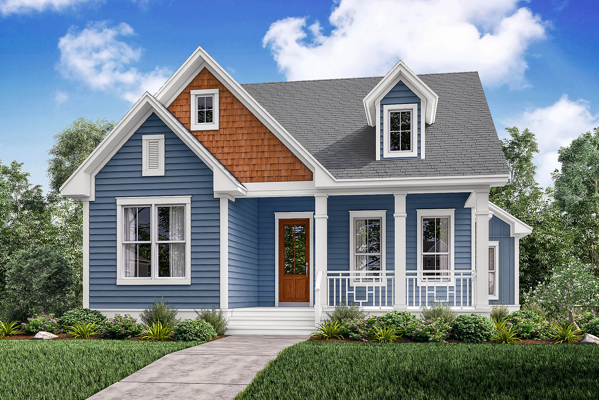 Front elevation of Craftsman home plan (ThePlanCollection: House Plan #142-1164)