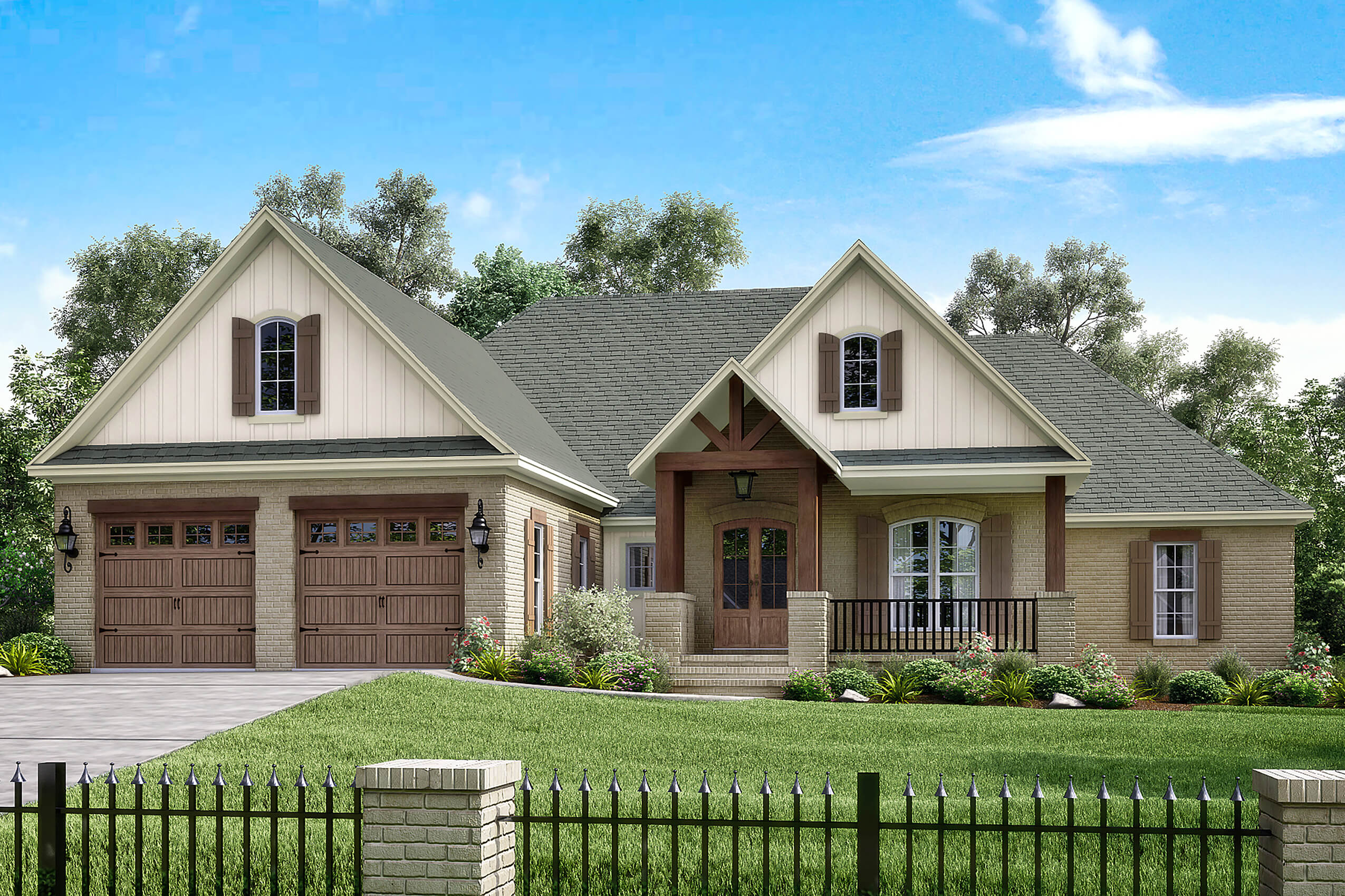 Photo-realistic rendering of Traditional home plan (ThePlanCollection: House Plan #142-1174)