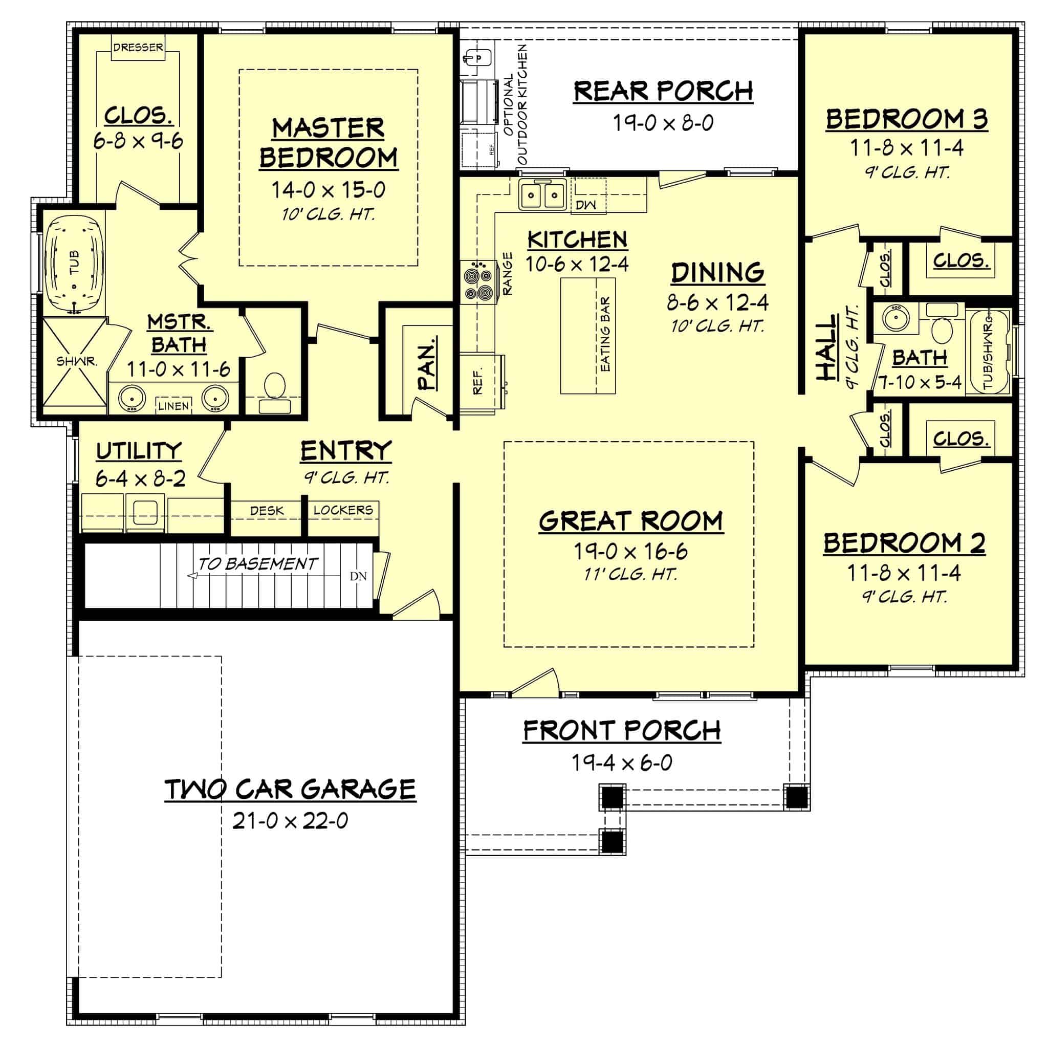 Floor Plan Main Level of Traditional Plan #142-1176 with Basement Stair Location