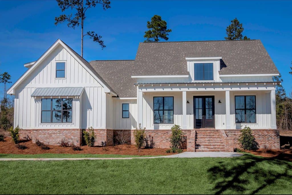 Front elevation of this modern farmhouse (Plan #142-1184)