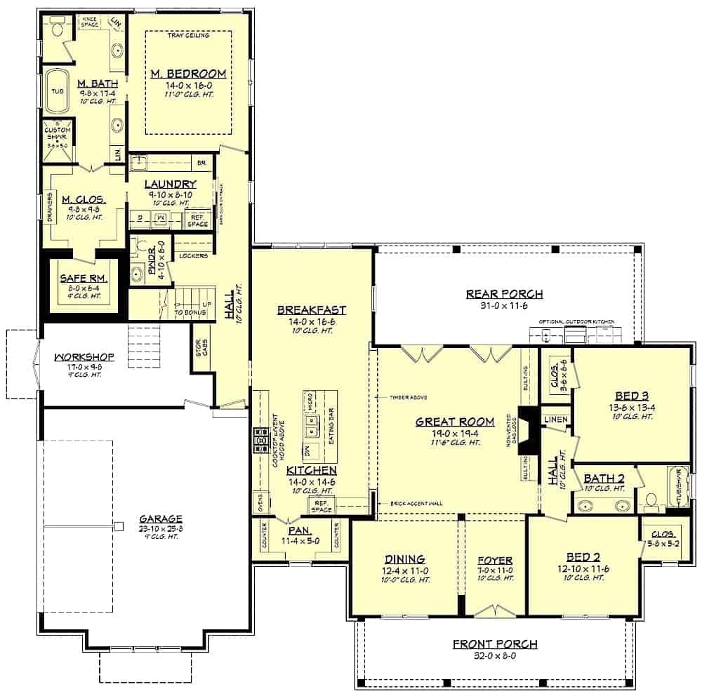 Floor Plan Main Level of Farmhouse Plan #142-1206