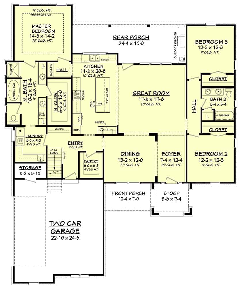 Floor Plan Main Level of Farmhouse Plan #142-1208