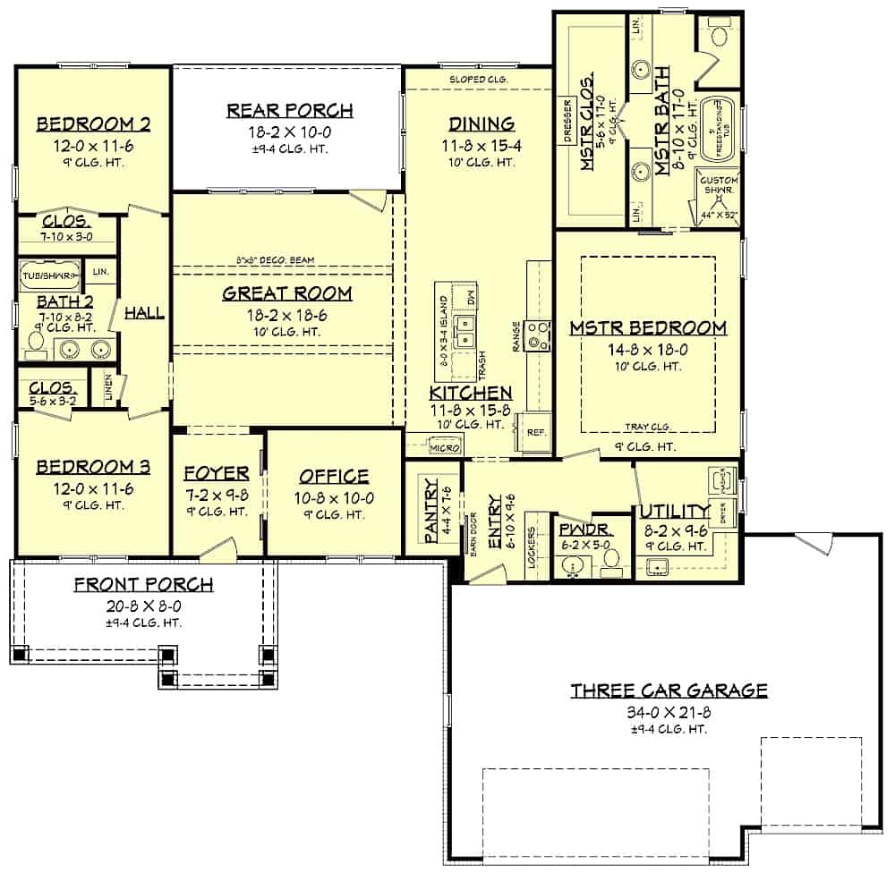 Floor Plan Main Level of Craftsman Plan #142-1225
