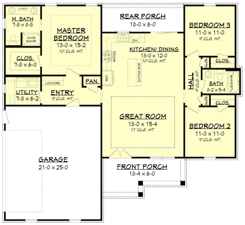 Floor Plan Main Level of Ranch Plan #142-1228