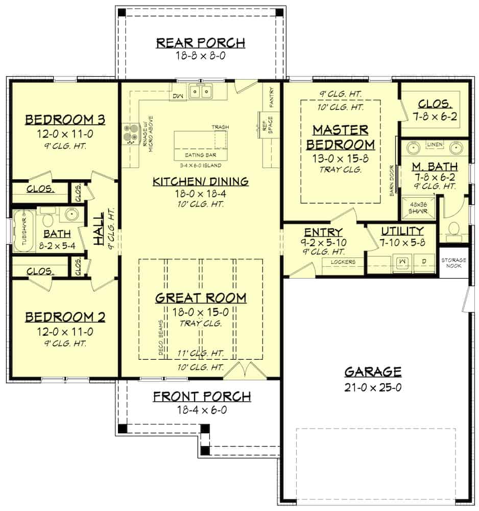 Floor Plan Main Level of Ranch Plan #142-1229