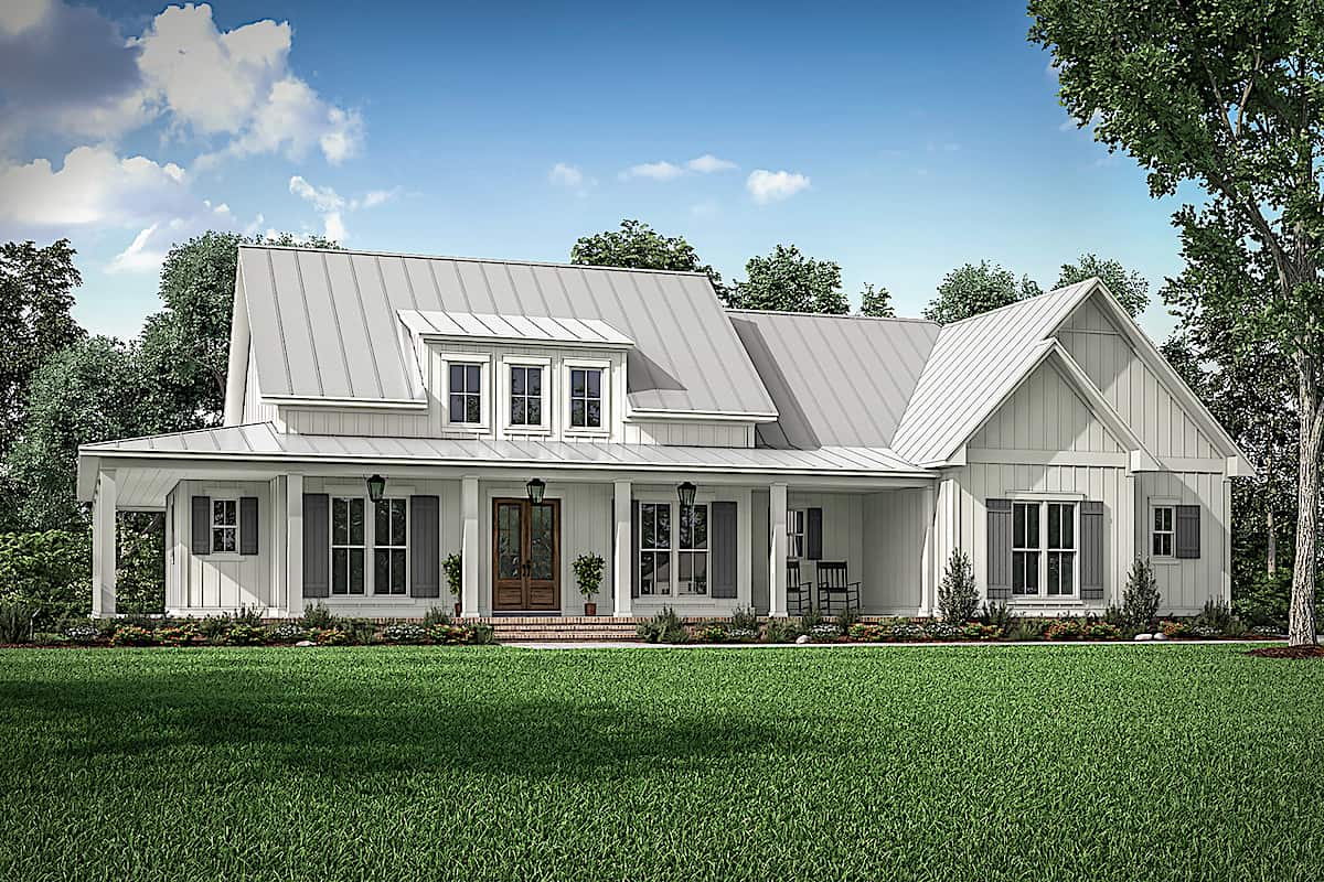 Front elevation of Farmhouse home (ThePlanCollection: House Plan #142-1243)