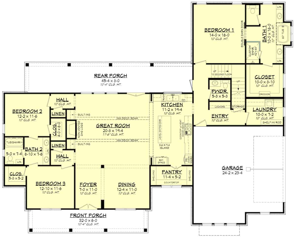 Main Level of Farmhouse Plan #142-1261