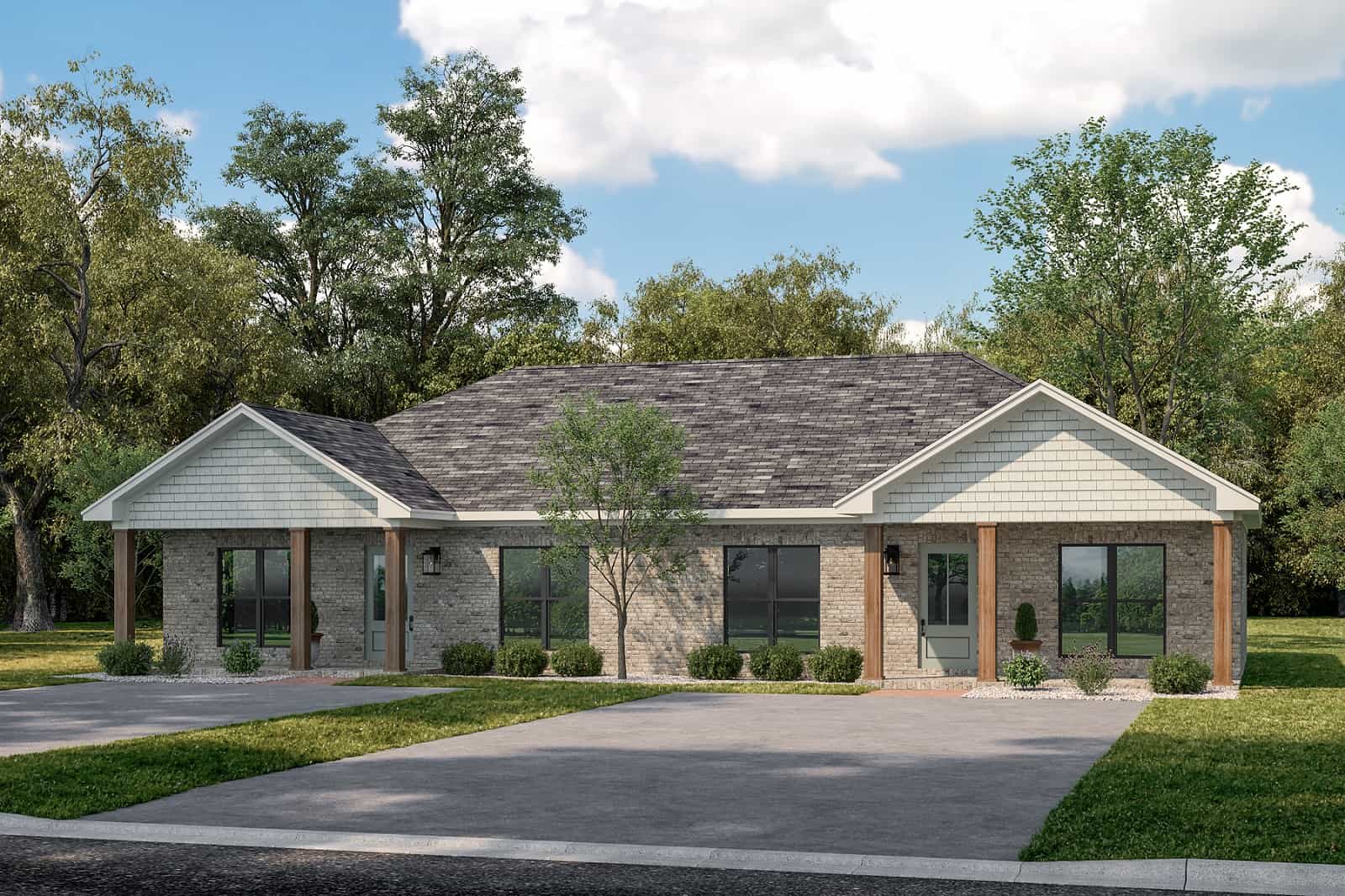 Front elevation of Duplex/Multi-Unit home (ThePlanCollection: House Plan #142-1442)