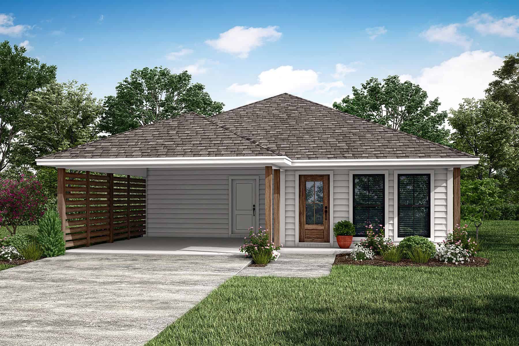 Front elevation of Ranch home (ThePlanCollection: House Plan #142-1448)