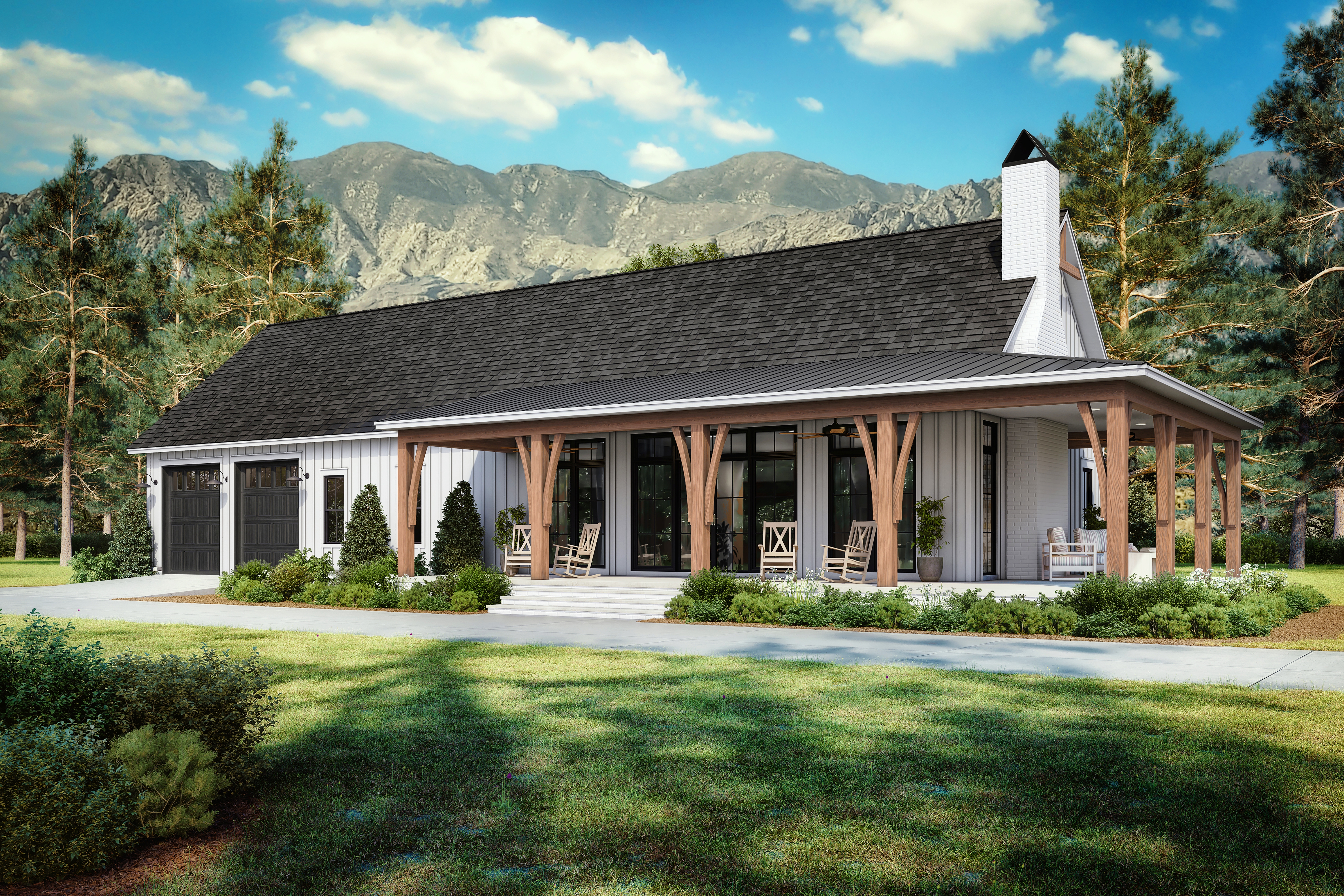 Front elevation of Barndominium home (ThePlanCollection: House Plan #142-1495)