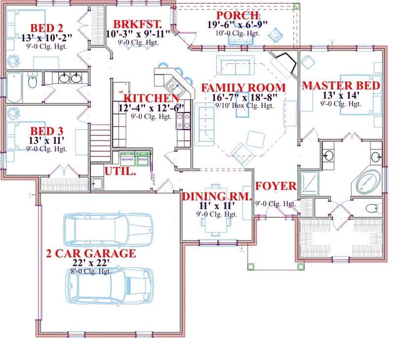Floor Plan First Story of Ranch Plan #144-1014