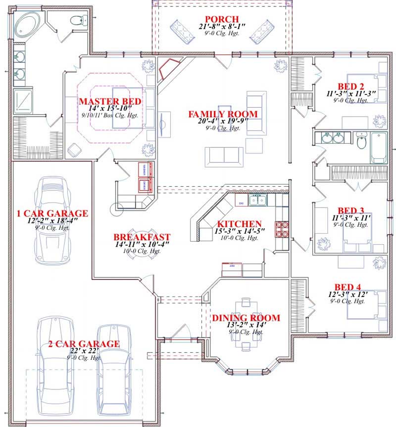 Floor Plan First Story of Ranch Plan #144-1021