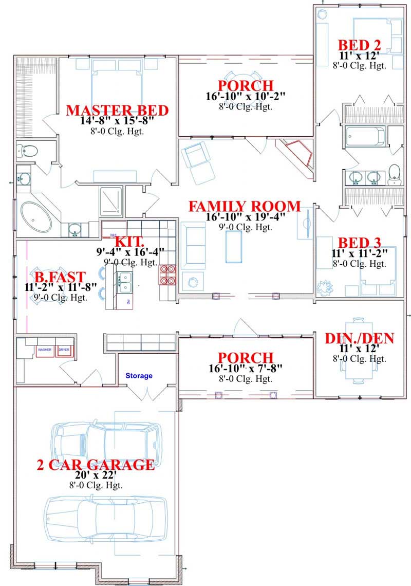 Floor Plan First Story of Ranch Plan #144-1028