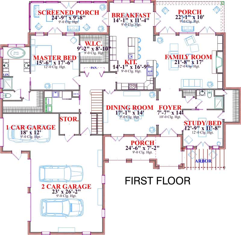 Floor Plan First Story of Spanish Plan #144-1043
