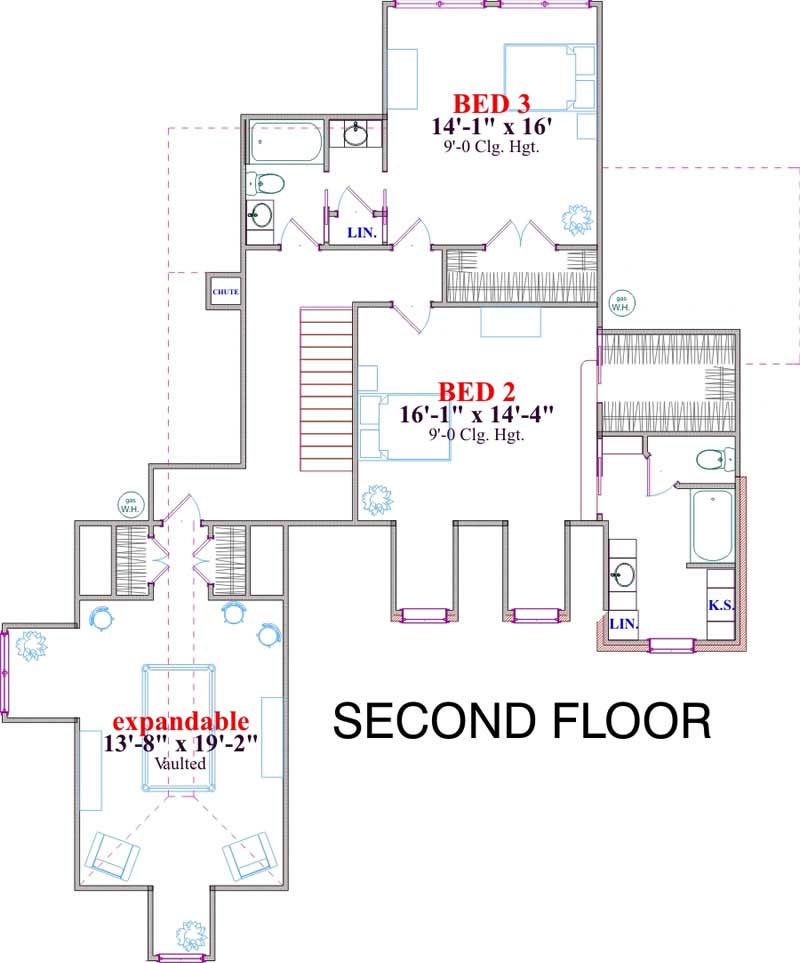 Floor Plan Second Story of Spanish Plan #144-1043