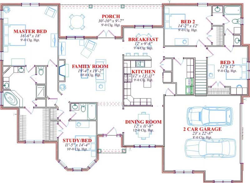 Floor Plan First Story of Ranch Plan #144-1053