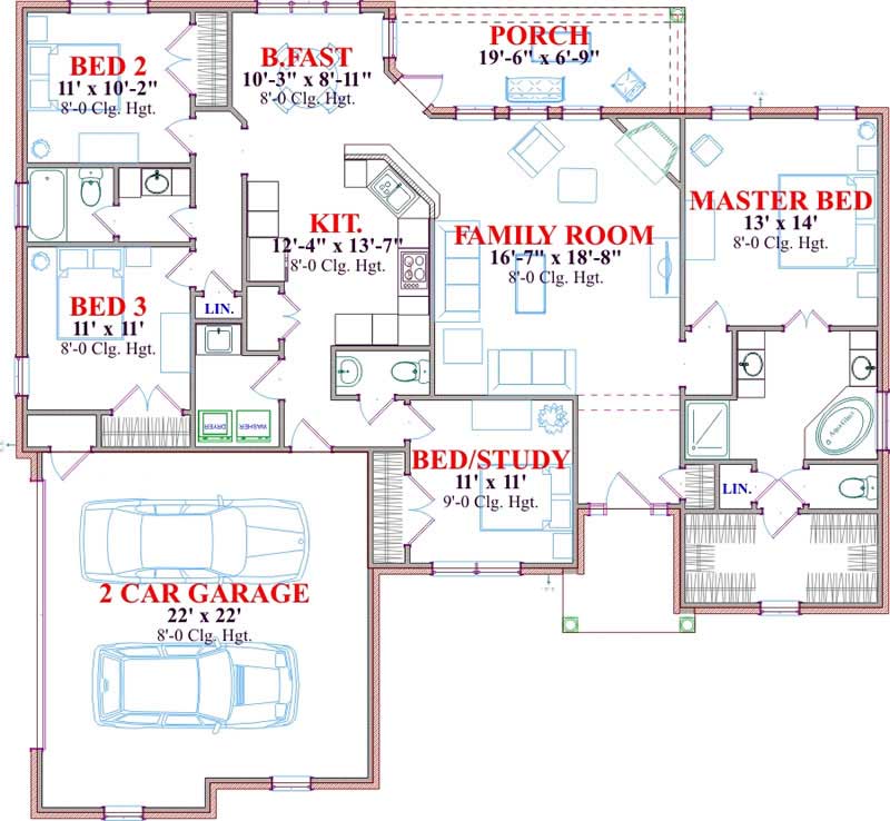 Floor Plan First Story of Ranch Plan #144-1079