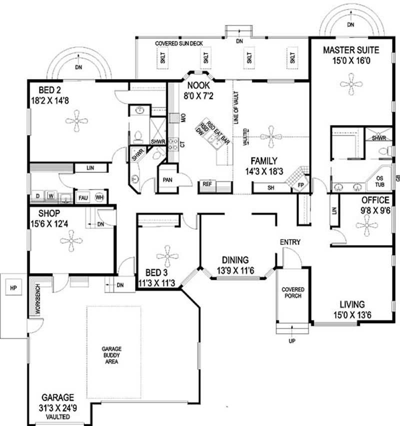 Floor Plan Main Level of Ranch Plan #145-1135