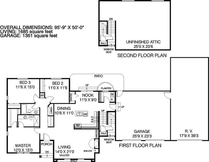 Floor Plan Main Level Plus Bonus Room of Ranch Plan #145-1140