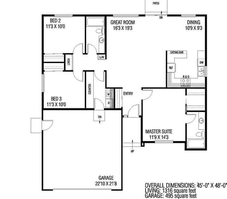 Floor Plan Main Level of Ranch Plan #145-1193