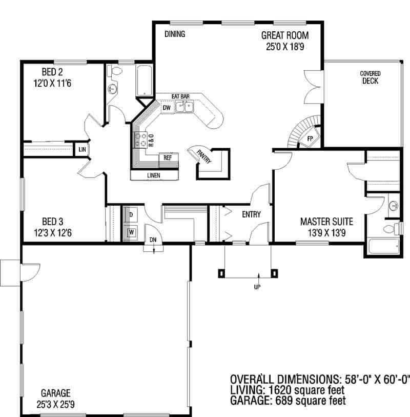 Floor Plan Main Level of Ranch Plan #145-1207