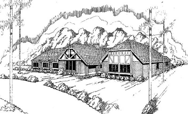 Front view of Tudor home (ThePlanCollection: House Plan #145-1854)