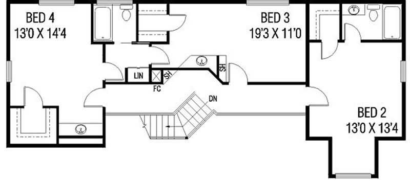 Floor Plan Second Story of Country Plan #145-1980