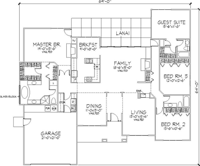Floor Plan First Story of Florida Style Plan #146-1206