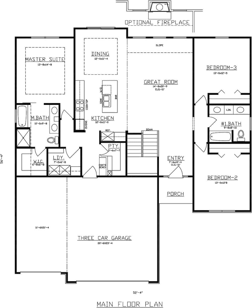 Floor Plan Main Level of Ranch Plan #147-1164