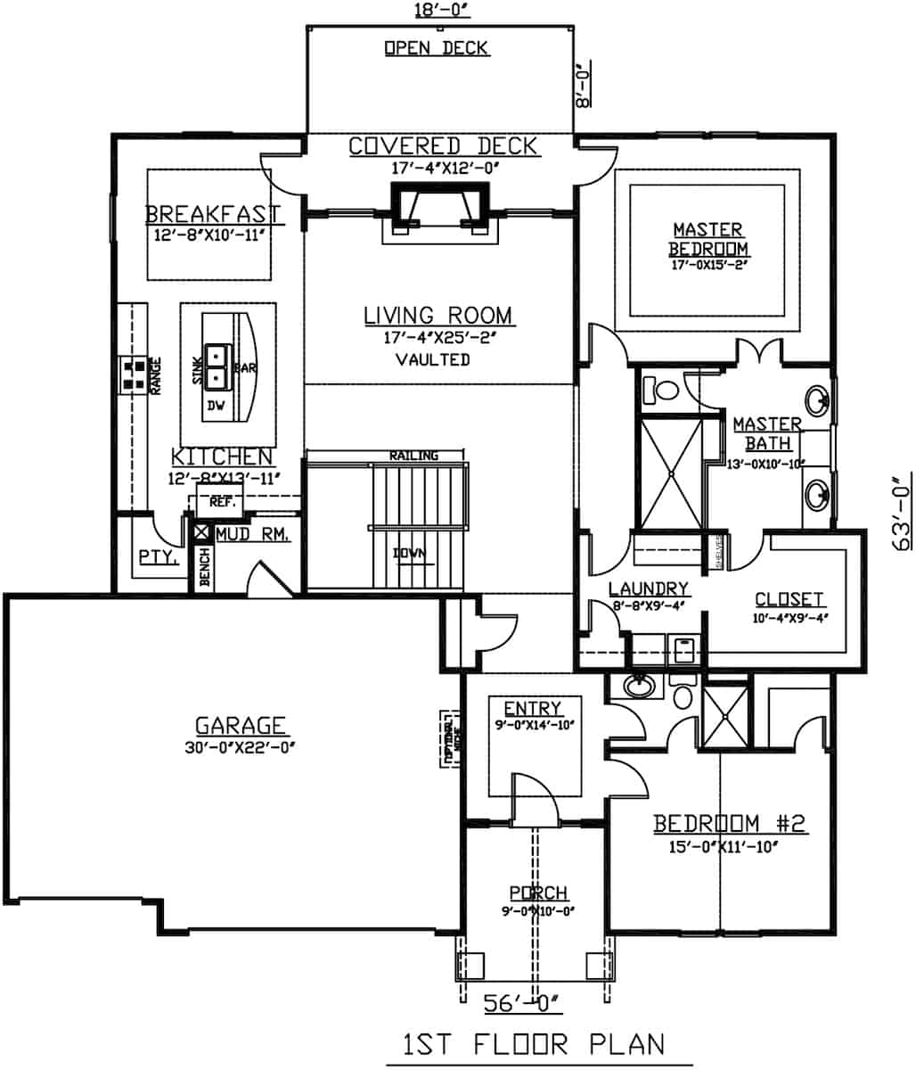 Floor Plan Main Level of Ranch Plan #147-1166