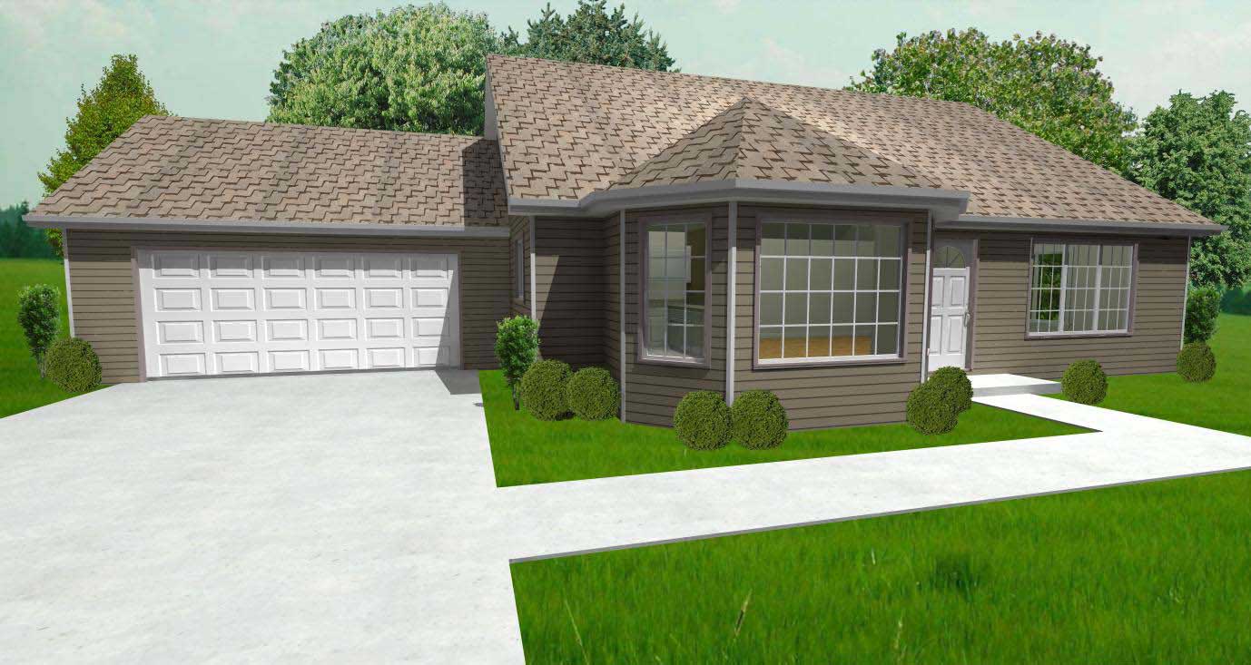 This is a 3D computerized rendering of these Ranch House Plans.