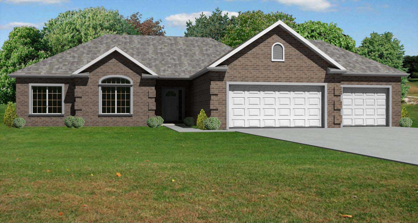 This is a computer generated front elevation of these Ranch House Plans.