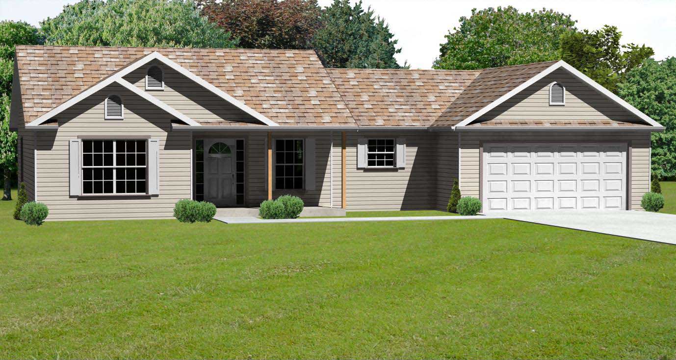 This is a computer elevation for these Traditional Ranch House Plans.