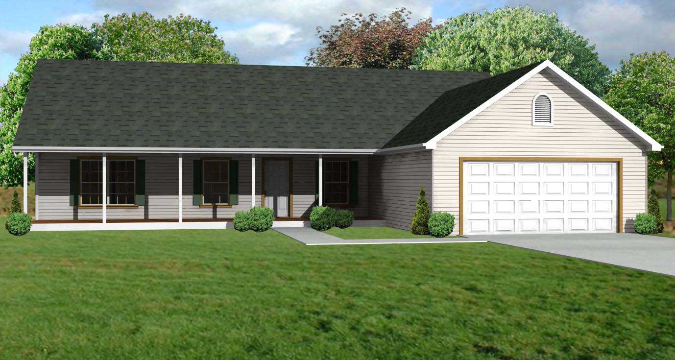 This is a computer rendering of these Ranch Houseplans.